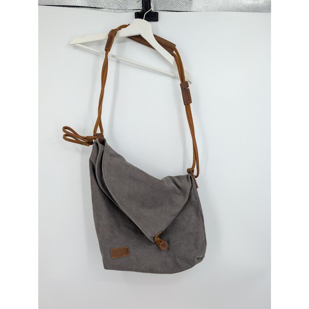 Tom Clovers Gray Canvas Hobo Bag With Leather Accents and Handle Two Way Entry